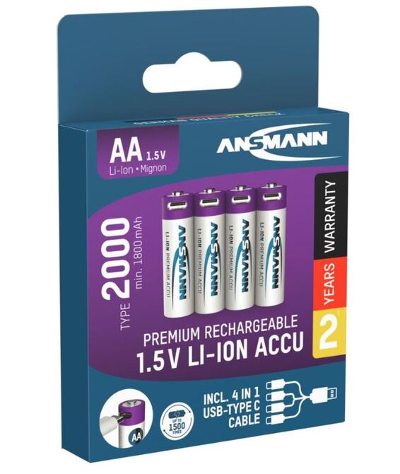 Ansmann AA laddbara Li-ion-batterier 1,5 V 2000 mAh – 4-pack