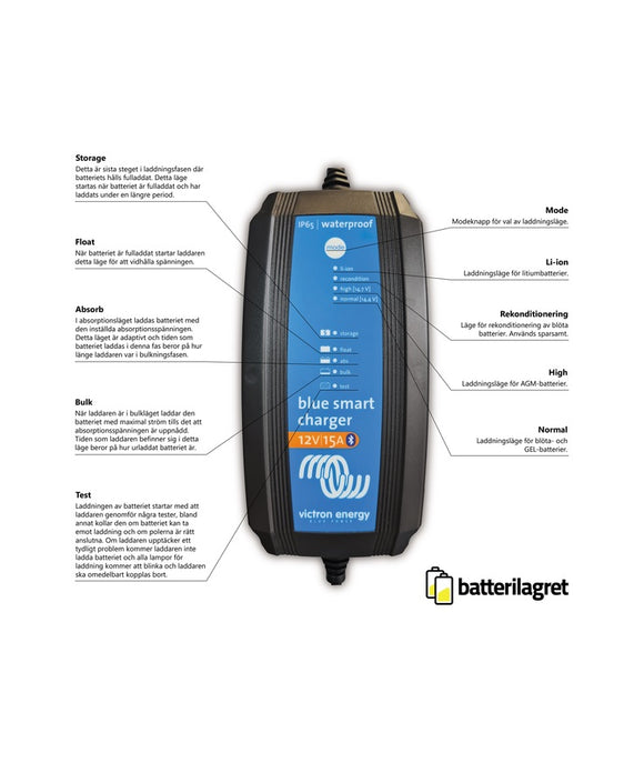Victron Blue Smart IP65s batteriladdare 12 V 15 A