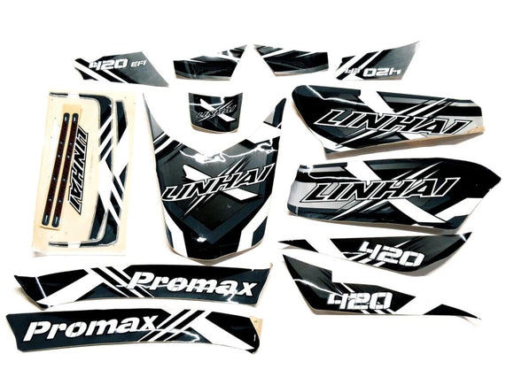 STICKER SET FOR ATV420 PROMAX (LINHAI BRAND FOR FINLAND) (USED FOR SAND, GREY AND RED PLASTIC PARTS)