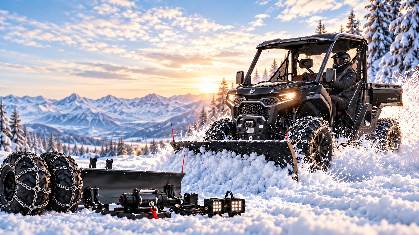 Vintermotiv med UTV, plog, snökedjor och tillbehör i snö